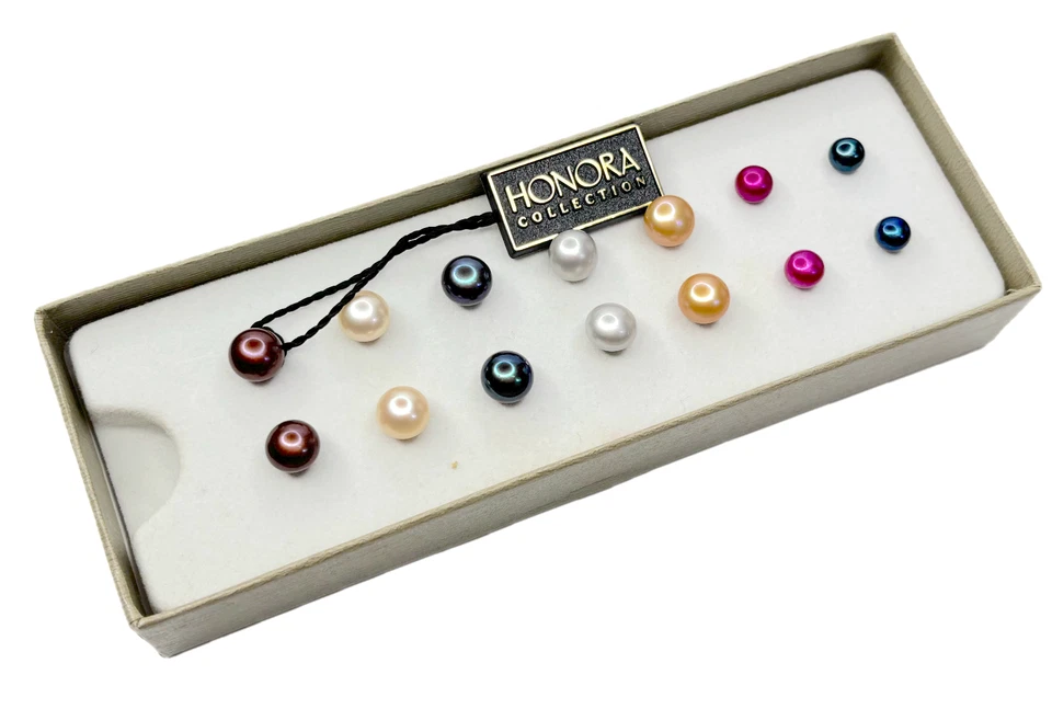 Juego de 7 pares de aretes de perlas de agua dulce multicolor HONORA con botones de ley Foto 2 de 4