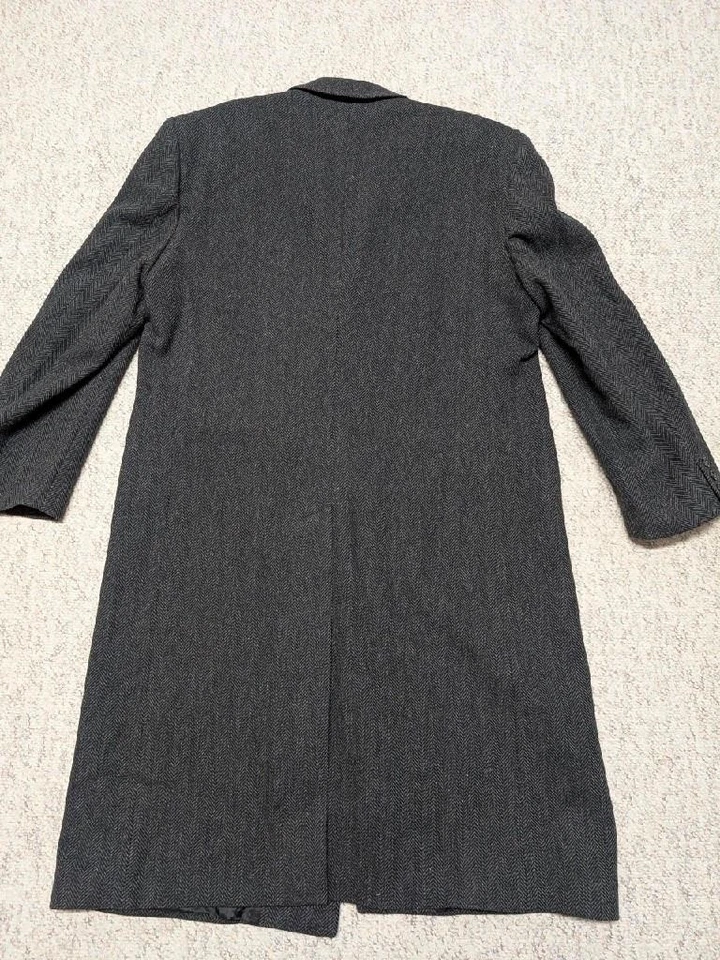 vintage TWEED donegal wool OVERCOAT trench 46 herringbone XL black charcoal - Image 2 of 4