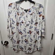 WOMENS A.N.A WHITE FLORAL PRINT V-NECK 3/4 SLEEVE BLOUSE SIZE XL