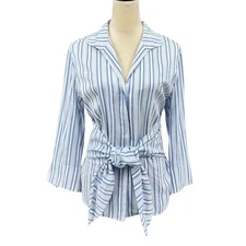 Lafayette 148 New York 14 White Blue Stripe Silk Blend Button Front Wrap Tie Top