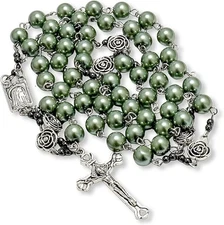 Green Pearl Beads Metal Mystery Roses with Hematite stones Rosary Necklace