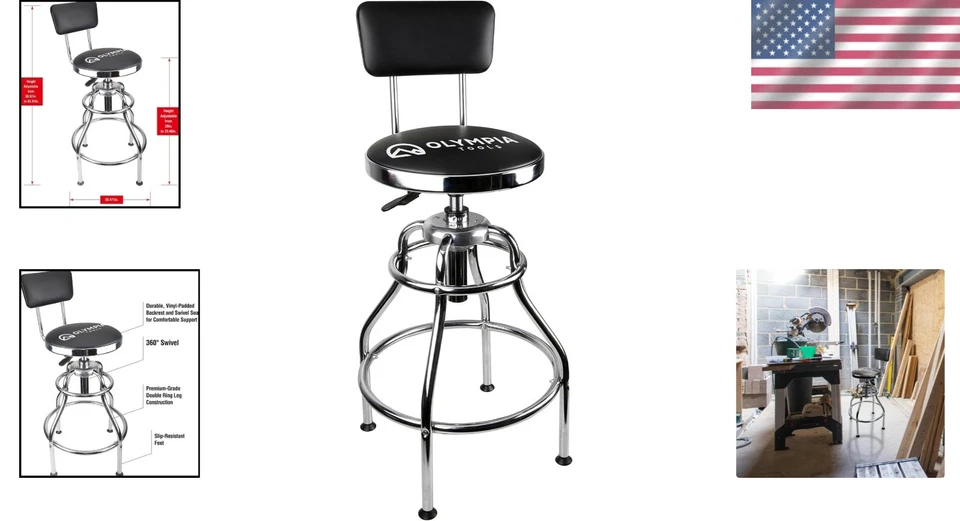 Adjustable Hydraulic Work Stool Vinyl Seat Black Garage Workshop Office - Image 2 of 4