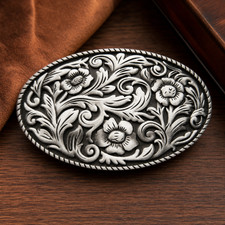Western Floral Scroll Oval Metal Belt Buckle Antique Silver Tone Rope Border