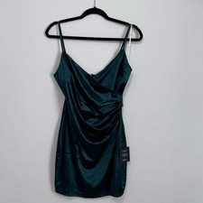 NWT Lulu’s Green Satin Mini Dress Faux Wrap Spaghetti Strap size M