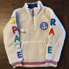 Mini Boden Ivory Space Race Embroidered Sherpa Half Zip Pullover Jacket 7-8 Yrs