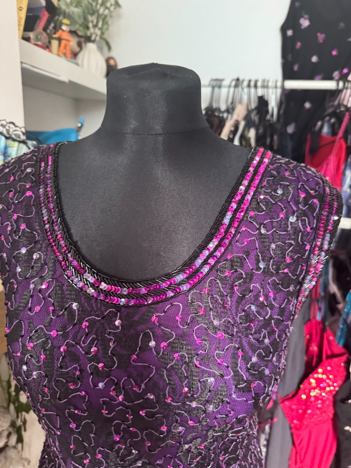 Razzle Dazzle Purple Black Sequin Beaded Sleeveless Dress Size M image 3