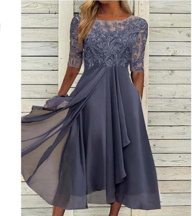 chinese dress ladies A-Line Midi Chiffon Blue Mother of The Bride Dress COCOMELODY CM0264, Silver Cloud