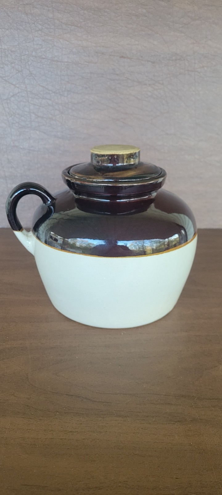 Vintage Two Tone Stoneware Crock Bean Pot Crock Stamped USA With Lid