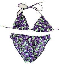 Vintage 80s Rare Sundays Bikini Size 9 Medium Purple  Green Neon Floral Design