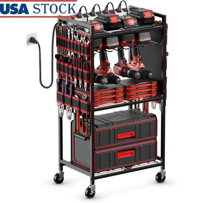 Power Tool Organizer Cart W/ Charging Station Rolling Storage Rack Garage Tools