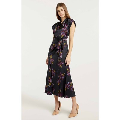 Cinq à Sept Neila Floral Silk Tie Waist Midi Dress Size 2 Wedding Guest Formal