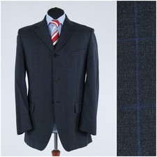 Mens Windowpane Blazer 42L UK Size BERNINI Grey Lanificio Wool Sport Coat Jacket
