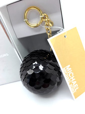 Michael Kors Pom Pom Bag Charm Disco Ball Keychain Black Gold Tone NWT