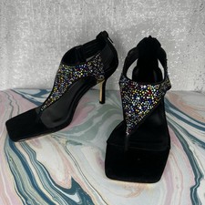 Black Heeled Sandals with Multicolor Rhinestones