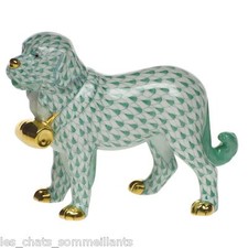 HEREND, ST. BERNARD DOG WITH PUNCHEON PORCELAIN FIGURINE, GREEN, FLAWLESS