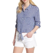 Rails Linen Blend Shirt Women's XS Val Blue Gingham Top Tie-Front Button Up