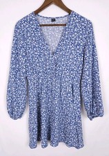Shein Blue White Floral Print Long Sleeve V-Neck Dress Lightweight - Size Small