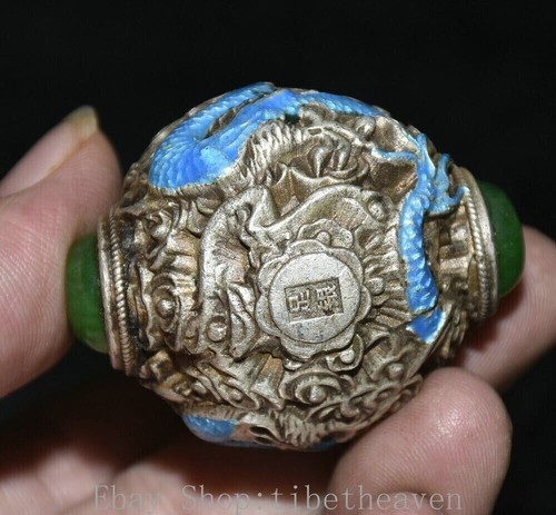 3.4" Old China Silver inlay Gems Cloisonne Feng Shui Gourd Dragon Snuff Bottle - Picture 8 of 8