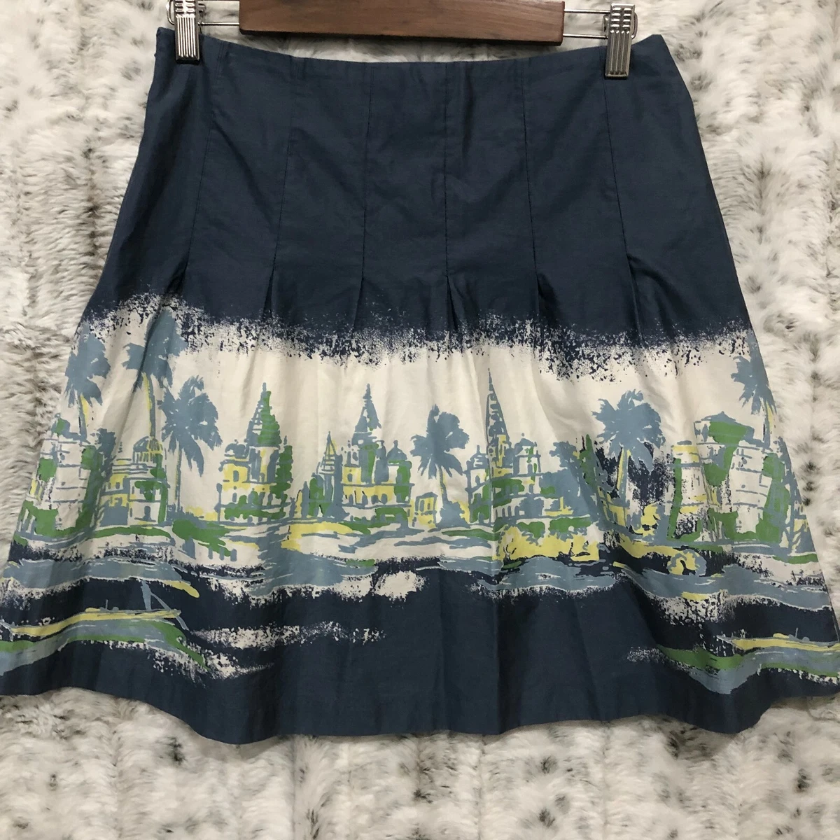 Old Navy Cotton Pleated Skirt Beach City Scene Palm Trees Blue