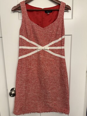 Rickie Freeman Teri Jon 8 Red And White Tweed Linen Blend Dress Ribbon Detail