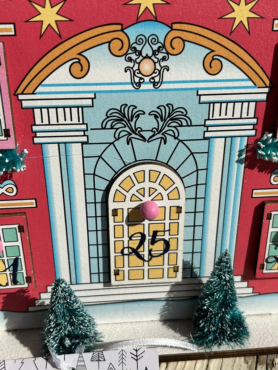 NWT Nicole Miller Wood Die Cut Advent Calendar House Pink Holiday Bottle Brush