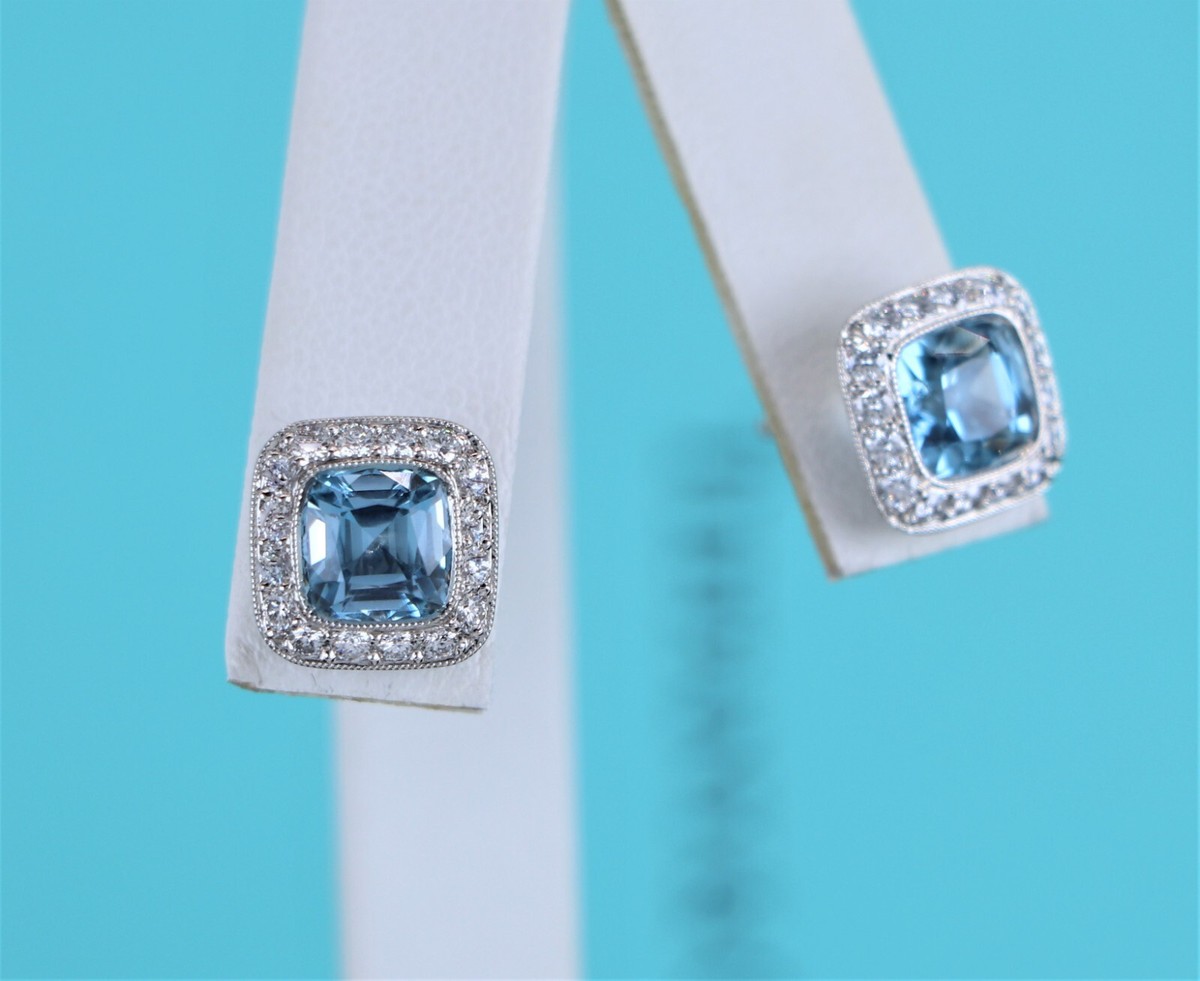 Tiffany & Co. Platinum Diamond Aquamarine Legacy Cushion Halo Stud