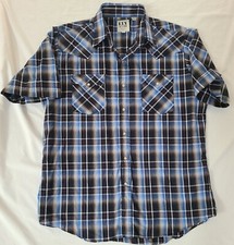 Ely Cattleman Pearl Snap Shirt Mens Large Blue Plaid Western Short Sleeve