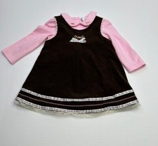 Little Bitty Corduroy Dress Set Girls 18 Month Brown Pink Long Sleeve Floral VTG