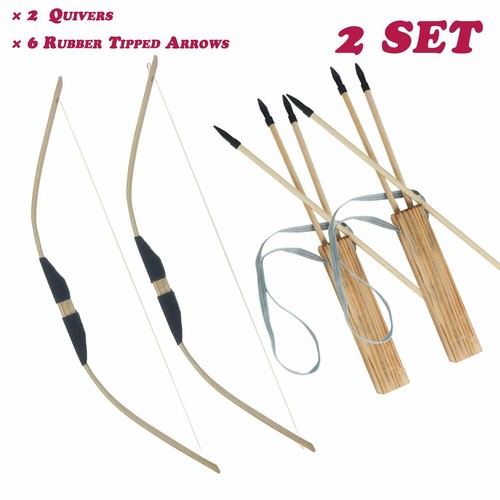 2SET Archery Wood Bow & Arrows, Arrow Quiver Set Kids Garden Hunting Target Toys - Picture 1 of 12