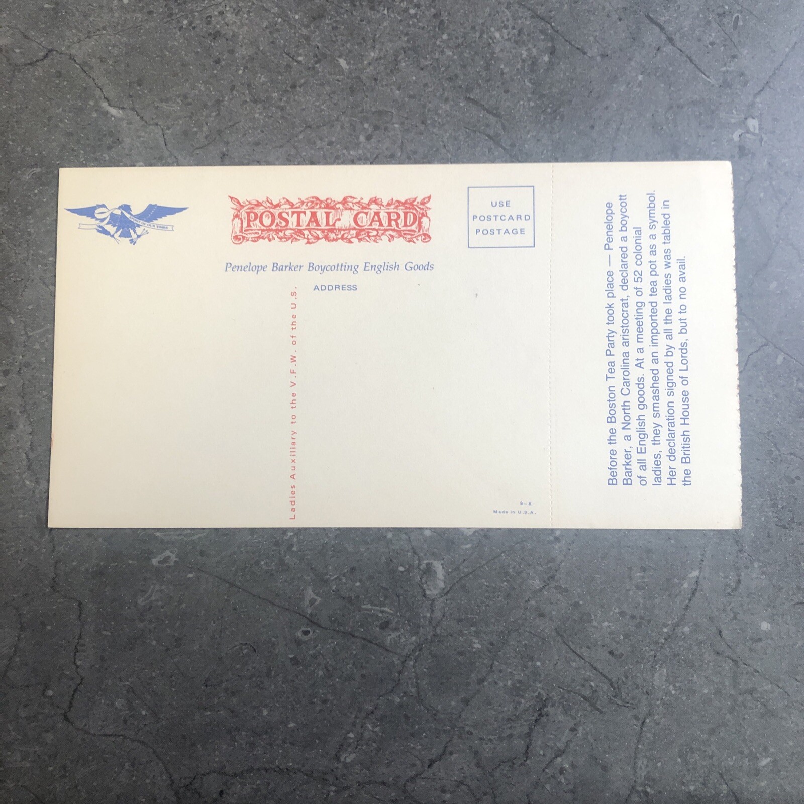 Spirit of Our Times Postal Card Penelope Barker Boycotting English