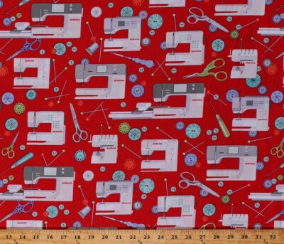 Cotton Sewing Machines Bernina Buttons Pins Red Fabric Print by the Yard D573.18