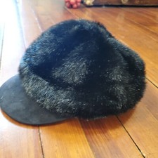 Black Angora Fuzzy Flat Cap Hat Womens Newsboy Cabbie Hat Pre-owned 