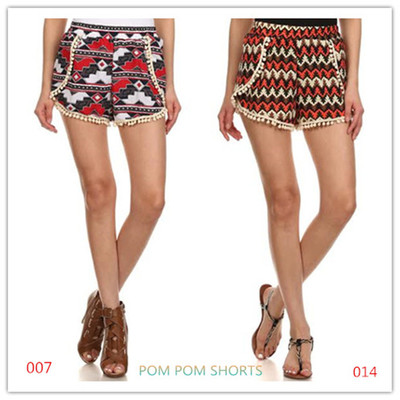 Women's Overlap Shorts with Pom pom Trim Aztec Chevron Prints