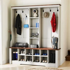 59" Hall Tree w/ Bench & Shoe Storage 10 Shoe Cubbies 10 Coat Hooks for Entryway
