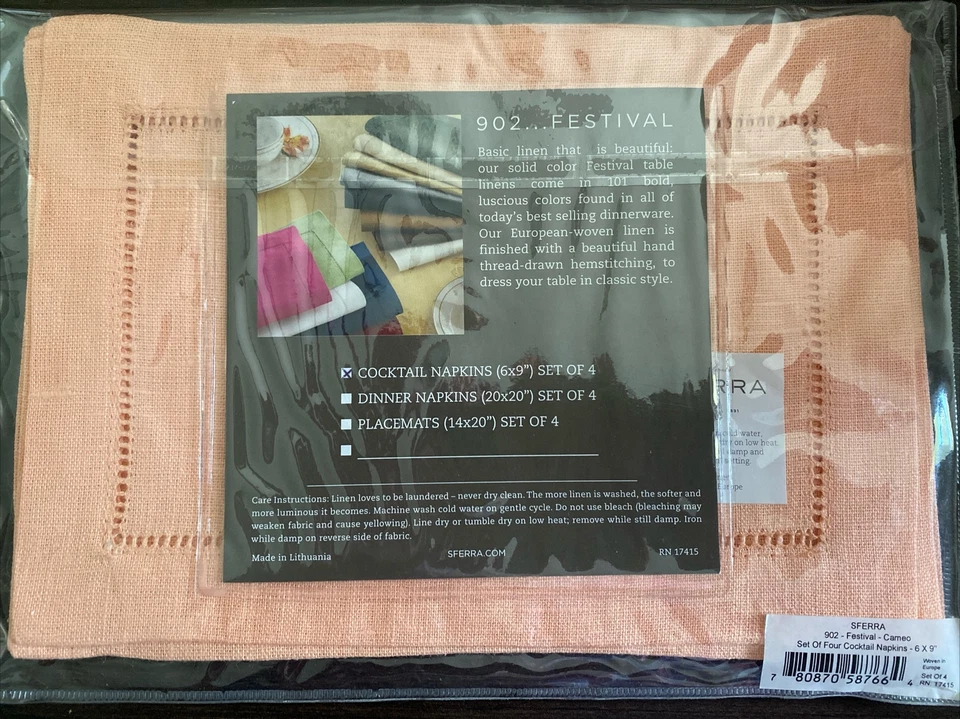 Sferra Festival 902 Linen Cocktail Napkins Set of 4 6x9" Color Cameo NIP - Image 2 of 4