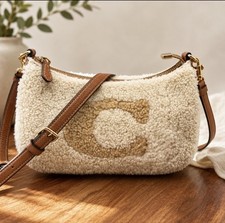 Coach Teri Shoulder Bag With Coach Motif Tan Leather Natural Shearling CE557