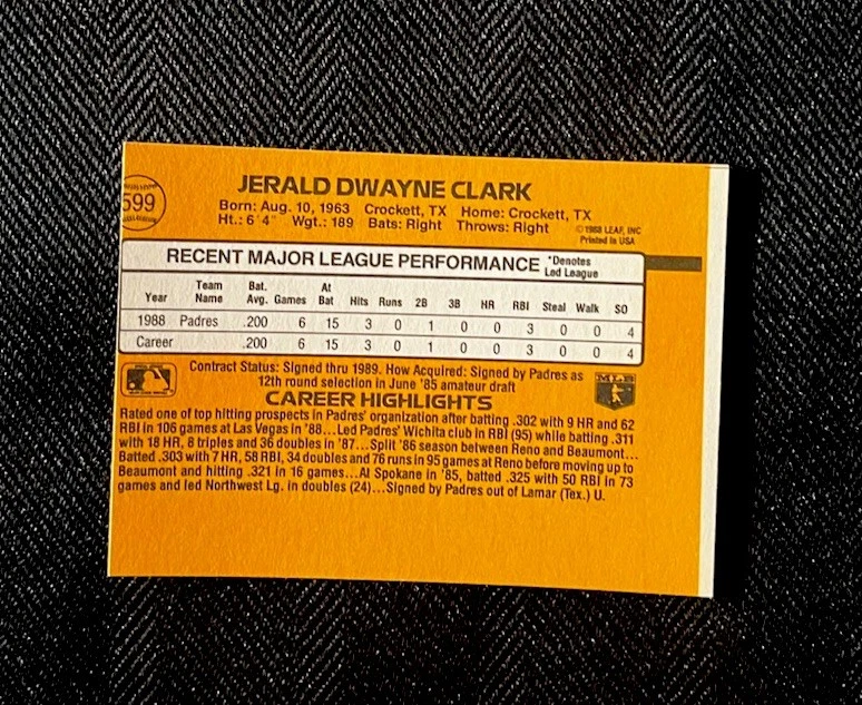 1989 Donruss Jerald Clark #599 (RC) Miscut Error San Diego Padres Vintage #599 - Image 2 of 2