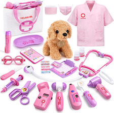 Toy Doctor Kit for Girls, Pretend Play Toy Doctor Set with Dog , Carrying Bag, S