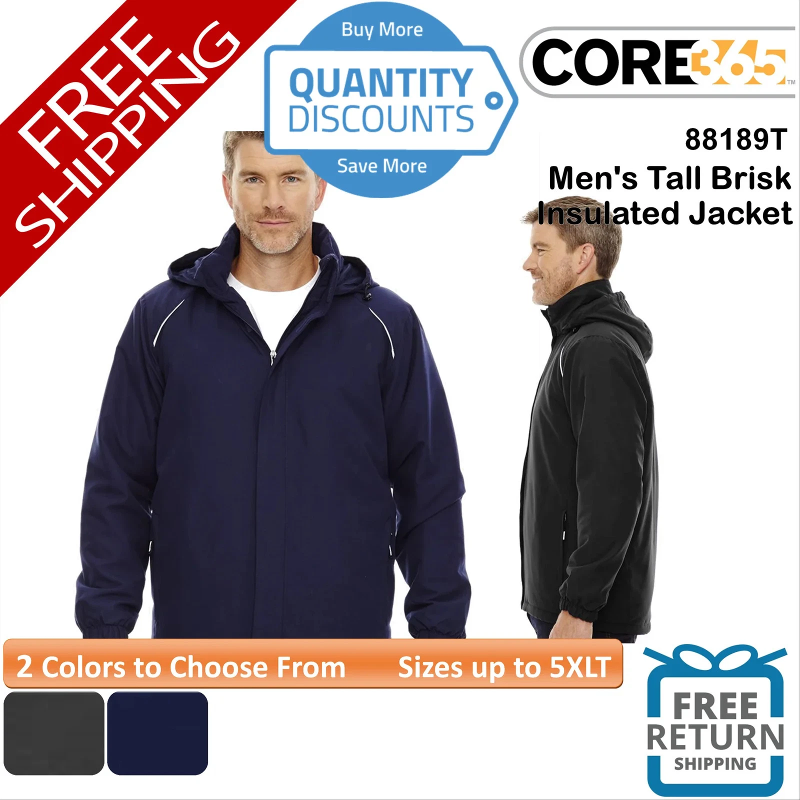 🔥 CORE365 Men's Tall Brisk Insulated Jacket Roll-away hood Up To 5XLT 88189T