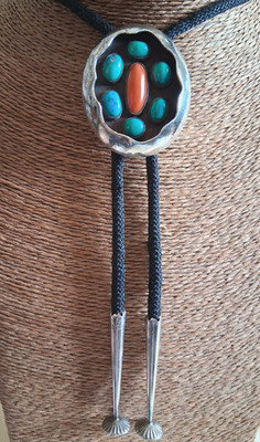 Turquoise & Coral Navajo Made Sterling Silver Bolo Tie GORGEOUS PIECE- OFFERS??