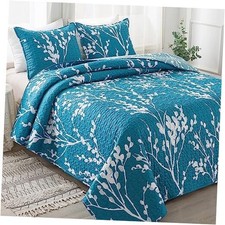 Blue Quilt Queen Size 96x90 Inch , 3 Pieces Floral Queen 96 90 in Teal
