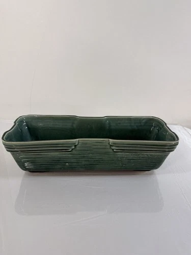 Vintage McCoy Rectangular Planter Art Pottery Green Glaze Striped 12.5”x 3.5”