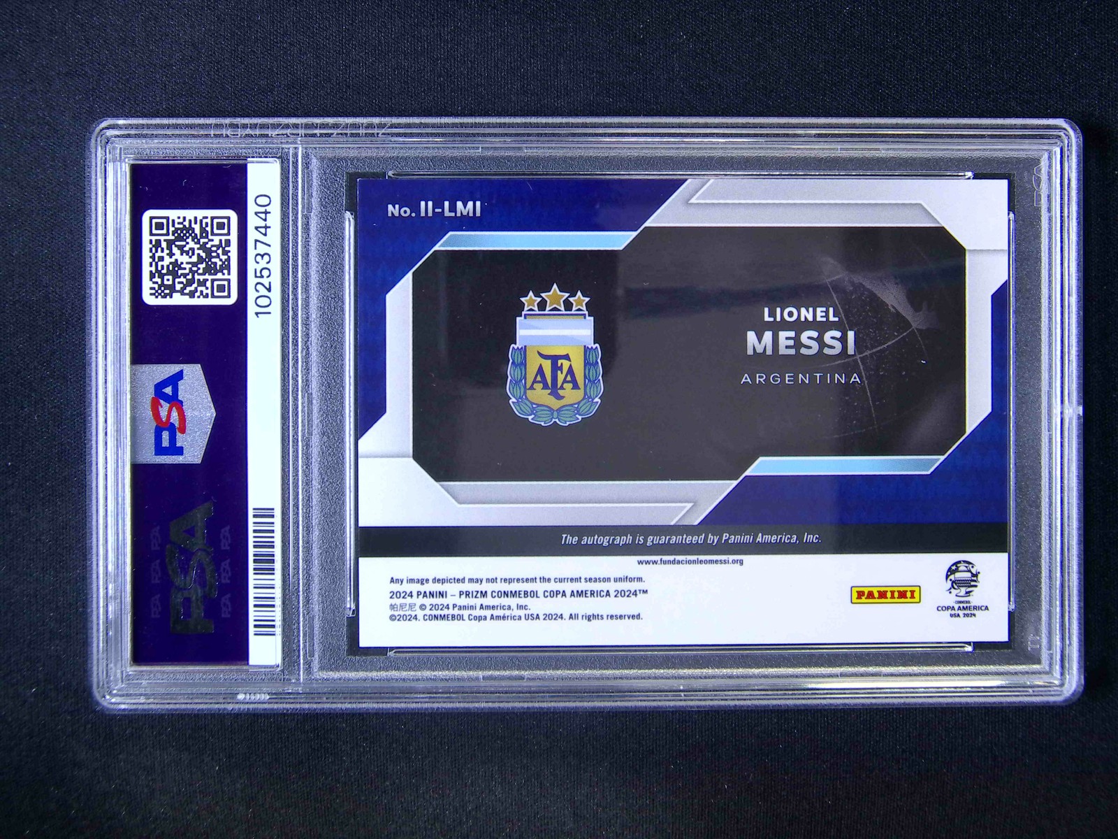 2024 Panini Prizm Copa America Lionel Messi Auto International INK PSA 9 view 2