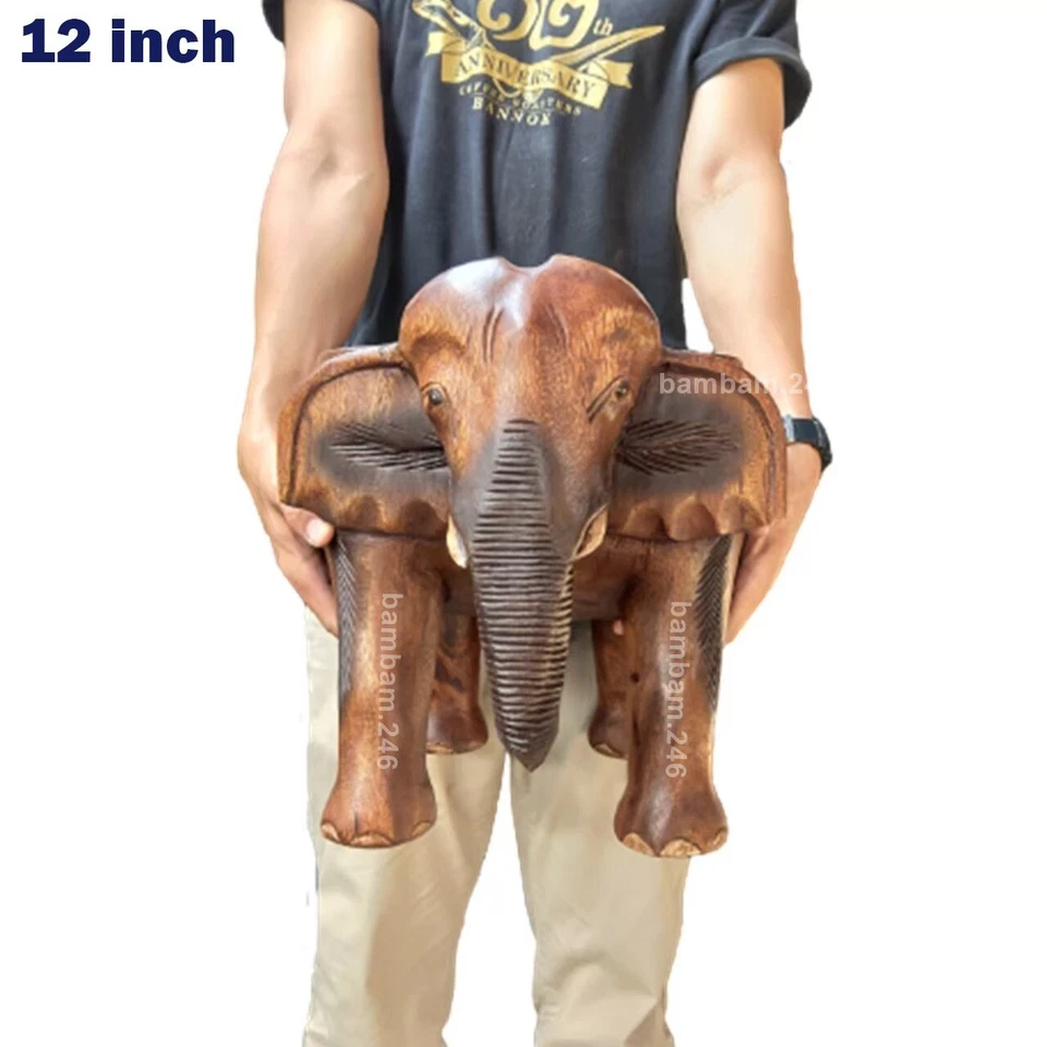 12 inch Elephant Stool Wood Elephant Chair Hand Carved Wooden Thai Statue Chair - Image 2 of 4