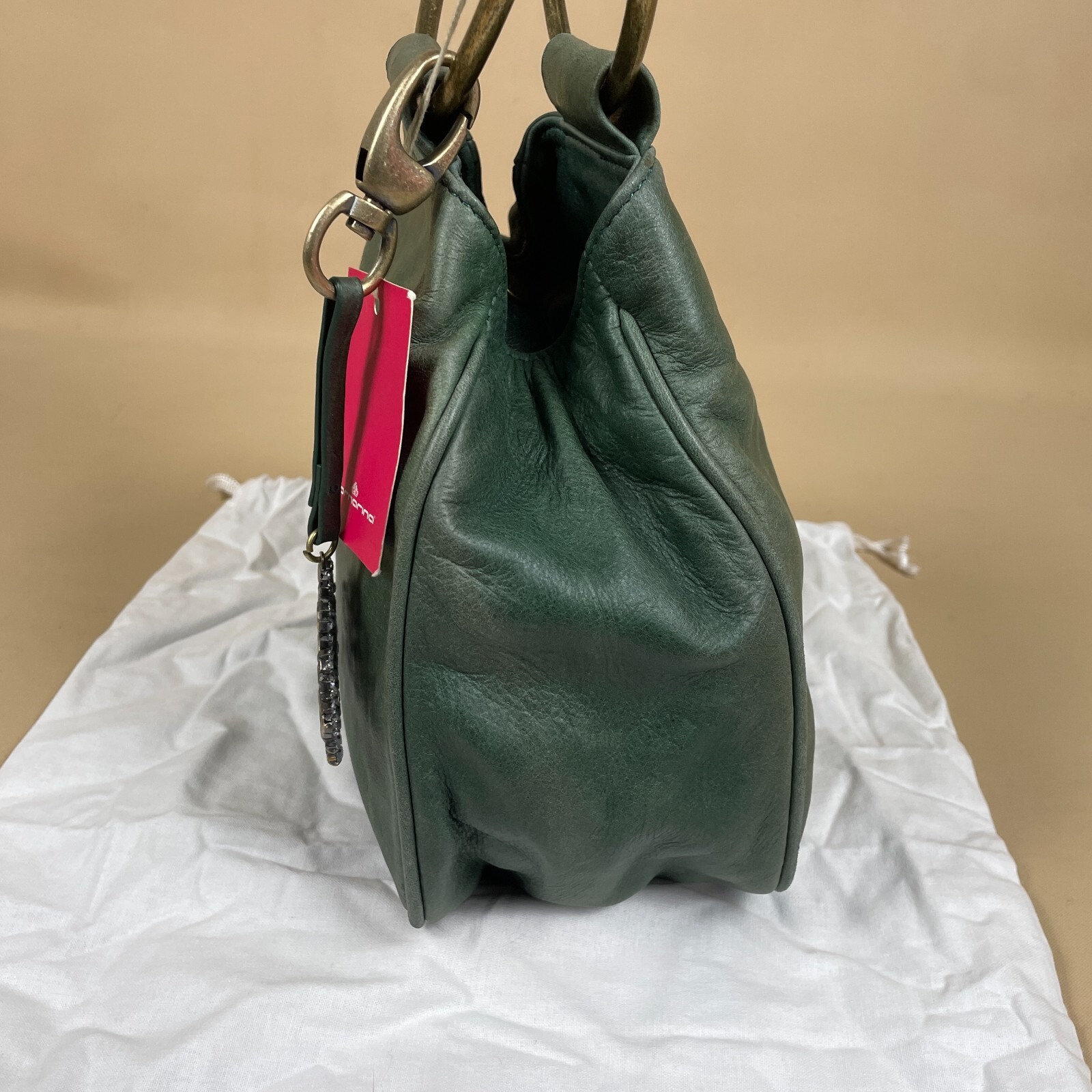 Fornarina Clutch Bag Handbag Elisabette Green Diamante Crown Charm Leather Small image 4