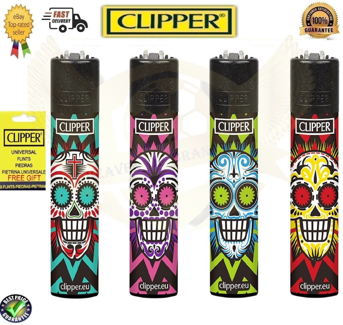 4 x Clipper Lighters COLORFUL SKULLS Design Full Size