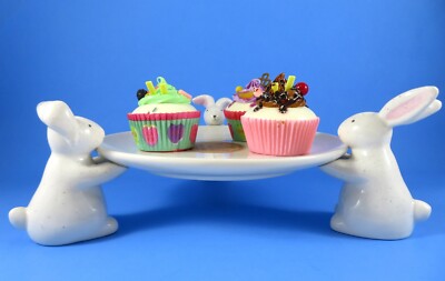 Tri-Bunny Ceramic Cake Stand Plate Carrot Patch Cottage For Cupcakes Or Cake