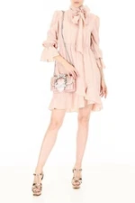 SEE by Chloe Pink Plaid Check Textured Scarf Wrap High Neck Ruffle Dress 36 4 S