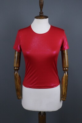 Miss Sixty Red Shiny Stretch Crew Neck Short Sleeve Top Blouse Size S
