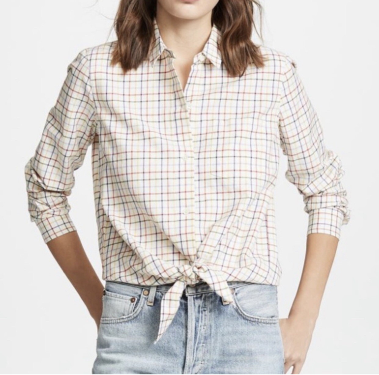 MADEWELL Tie Front Shirt Rainbow Plaid Cotton Lon… - image 1